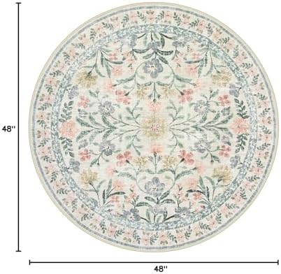 Lahome Sylvie Round Boho Floral Rugs 4ft, Cream Washable Circle Rugs for Bedroom Nursery, Vintage Beige Circular Carpet, Soft Non-Slip Carpet for Kids Room Playroom Calm Corner, Beige - Image 2