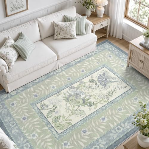 DCX Washable 4x6 Blue and Green Vintage Botanical Area Rug - Image 4
