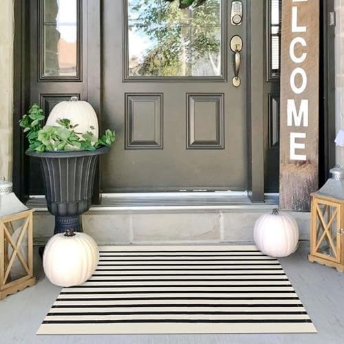 IOHOUZE 2x3 Striped Outdoor Door Mat, Washable Porch Rug, Black Beige by iOhouze