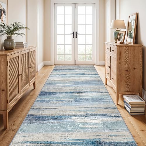 YOUFORTONG Washable Runner Rug 4x12 - Indoor Low Pile Rugs for Kitchen Hallway Non Slip Entryway Carpet Ultra-Soft Modern Abstract Print Home Decor Thin Floor Mat for Bathroom 4x12 Blue - Image 2