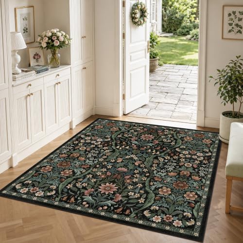 4x4 Square Rug Floral Washable Rugs for Entrance Indoor Doormat - Image 2