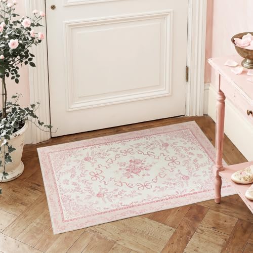 2x3 Small Pink Bow Vintage Floral Bathroom Rugs Washable, Cute Mini Area Rug for Entryway Kitchen Sink Girls Bedroom Bedside Vanity - Image 2