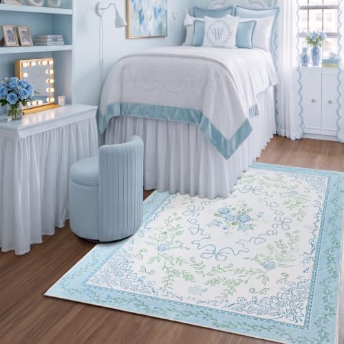 Blue and Green Floral Rug, Light Blue Preppy Rug for Nursery Girls Room Dorm, Washable French Country Cottage Core Shabby Chic Bow Grand Millenial Scalloped Area Rug, 5x7, Baby Blue and White - Image 3