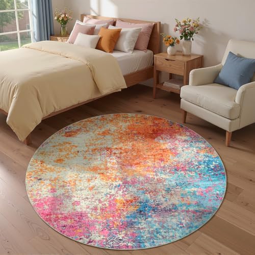 Rugflix Washable 4ft Round Area Rug, Rainbow Abstract Rug for Bedroom by RugflixAreaRugs