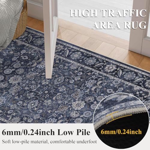 Washable 6x9 Bedroom Non-Slip Area Rug Boho Denim Blue Large Carpet - Image 6