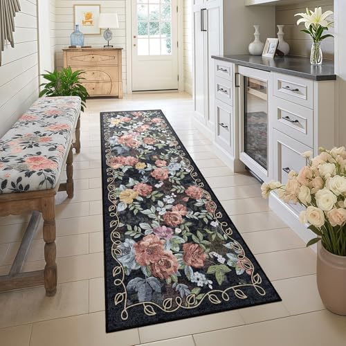 Washable 2x6 Runner Rug, Navy Boho Floral Non-Slip for Hallway, Kitchen - Image 4