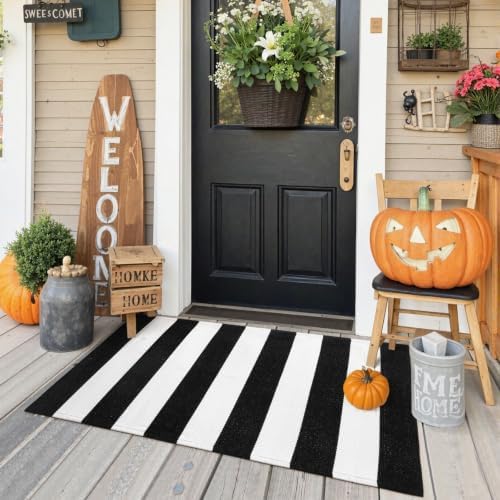 KIMODE Black and White Outdoor Rug Fall Front Door Mats Layered Porch Rug - Image 3