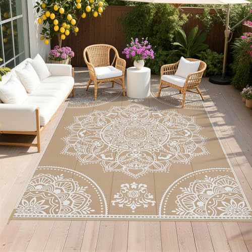 Pauwer Waterproof Outdoor Rug 6x9, Plastic Straw Patio Mat, Floral Brown by Pauwer