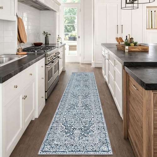 KUTA Vintage Floral Washable Runner Rug 2x8 Blue White Runners for Hallways - Image 2