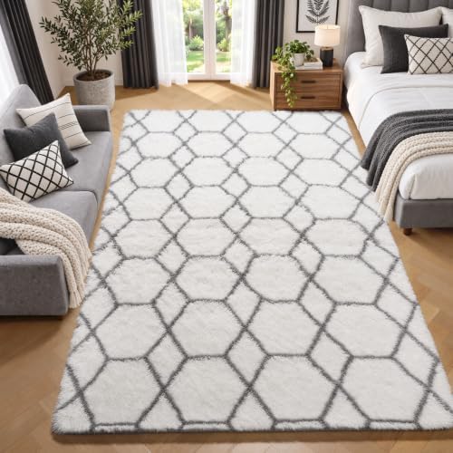 Area Rugs for Bedroom Living Room, 4x6 Fluffy White and Grey Geometric Rug by ONASAR