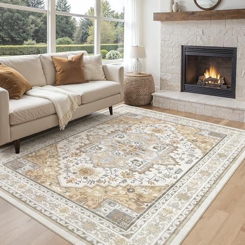 UERMEI 5x7 Area Rug for Living Room - Washable Vintage Carpet, Non-Slip Soft Large Indoor Floor Rugs for Bedroom Home Office & Under Dining Table Decor, Brown Beige - Image 4