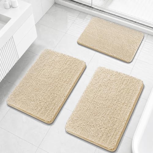 OLANLY Chenille Bathroom Rugs Sets 3 Piece, 30"x20"+30"x20"+24"x16", Beige by OLANLY