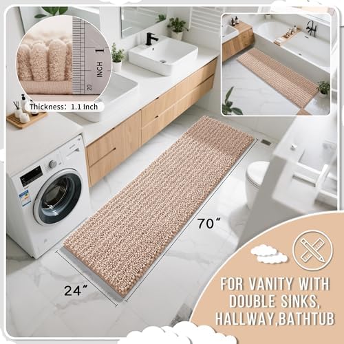 Yimobra Bathroom Runner Rug 70x24 Inch - Extra Long Non Slip Chenille Bath Mat, Soft & Absorbent, Machine Washable Shaggy Hallway Carpet for Vanity Tub Shower, Light Brown Home Decor Accessories - Image 2