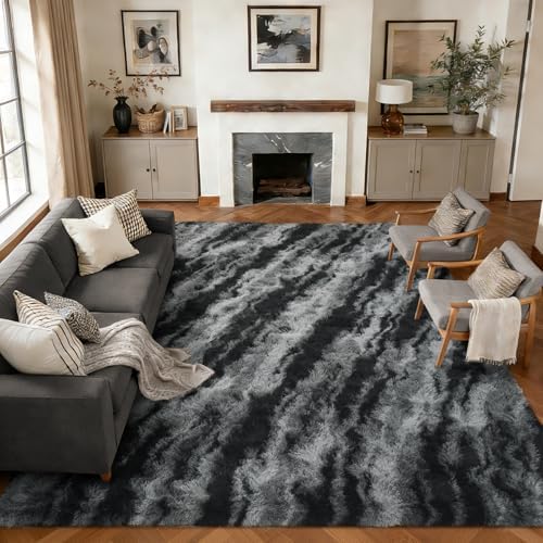 10x14 Extra Large Fluffy Area Rugs Non-Slip for Living Room Tie-Dyed Black - Image 2