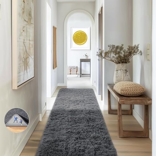 Ophanie 2x8 Runner Rug for Hallway, Upgrade Non-Slip Fluffy Soft Bedside Rugs, Bedroom Living Room Grey Shaggy Gray Carpet for Kids Dorm Home Decor with Over 99 pcs Pile fibers by Ophanie