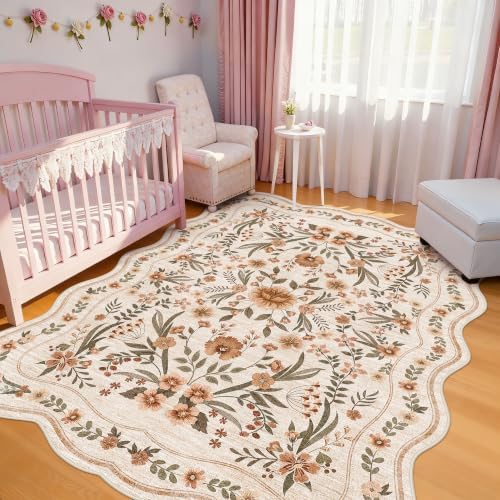 Scalloped Floral Rug 6x9, Beige Terracotta Washable Non Slip Area Rug for Girls Bedroom, Soft Low Pile Cottagecore Rug for Nursery, Dorm, Living Room by Dadasgk