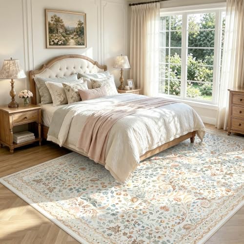 Tosuoka 5x7 Washable Area Rug Vintage Floral Boho Beige Neutral Carpet - Image 2