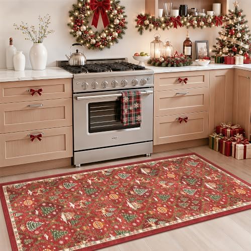 Christmas Runner Rug 2x6 for Hallway, Red Non Slip Washable Low Pile Rug by Soalmost
