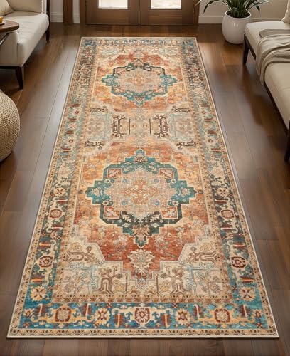 Orange 2x6 Washable Runner Rug for Hallways, Vintage Non Slip Rug Runners by Tangsoo