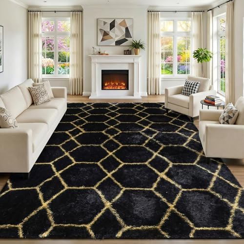 8x10 Area Rugs for Living Room, Fluffy Black and Gold Bedroom Geometric Rug - Image 4