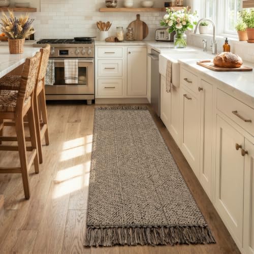 Collive Farmhouse Hallway Runner Rug, 2x6 Hand-Woven Reversible Washable Runners for Kitchen Floor, Natural/Black Cotton Laundry Room Rugs Modern Boho Kitchen Sink Carpet for Bathroom Foyer Bedroom by Collive