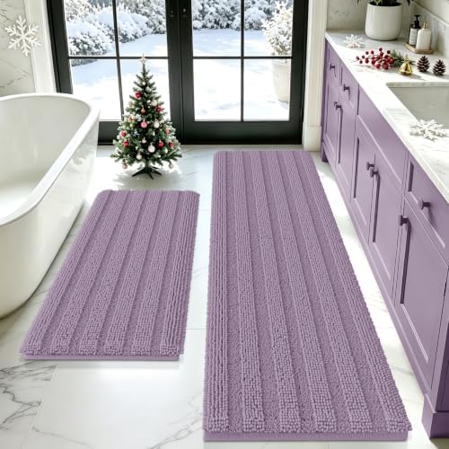 ACCUMTEK Striped Lavender Bathroom Rug Mat Set 2 piece 32"x20"+60"x20" Ultra Soft, Non Slip Chenille Bath Rugs, Absorbent Plush Shaggy Bath Mats for Bathroom, Bedroom, Kitchen, Shower, Tub by ACCUMTEK