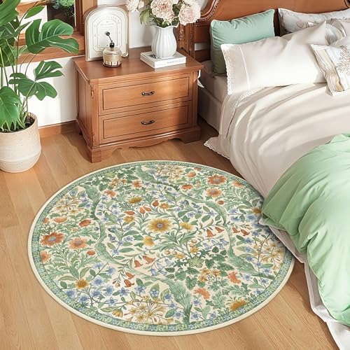 Round Rug 4ft Floral Circle Rug Green Botanical Indoor Area Rugs - Image 2
