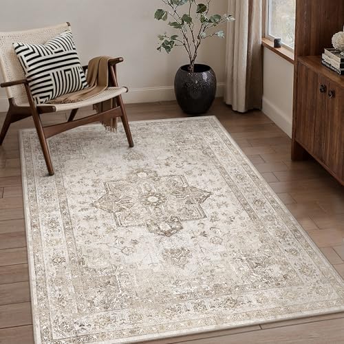PureCozy Taupe 4x5 Washable Area Rug Living Room Vintage Oriental Carpet - Image 2