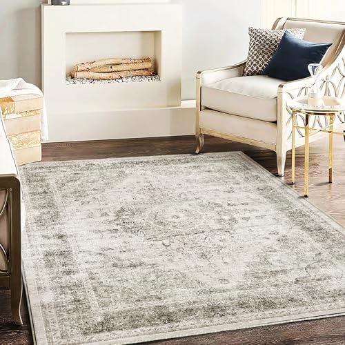 CHAMPLANT Area Rug 5'x7' Washable Rug Floral Khaki Traditional Floor Cover Thin Retro Kitchen Indoor Distressed Non Slip Carpet for Living Room Bedroom Dining Room by CHAMPLANT