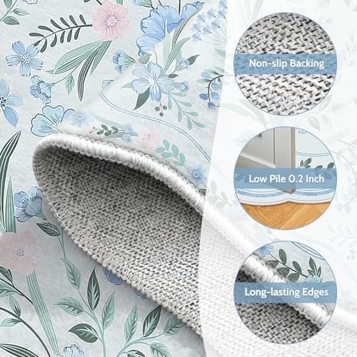 Scalloped Blue Floral Rug 6x9, Washable Soft Faux Wool Area Rug for Living Room, Cute Boho Non-Slip Carpet for Kids Room, Nursery, Bedroom or Office - Image 5