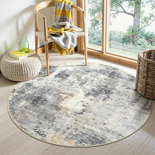 Lahome Modern Abstract Round Rug - 4Ft Grey Small Bathroom Rug Indoor 4x4 Circle Rugs Washable Kitchen Mat, Non Slip Contemporary Bedroom Carpet for Living Dining Room Office Nursery by Lahome