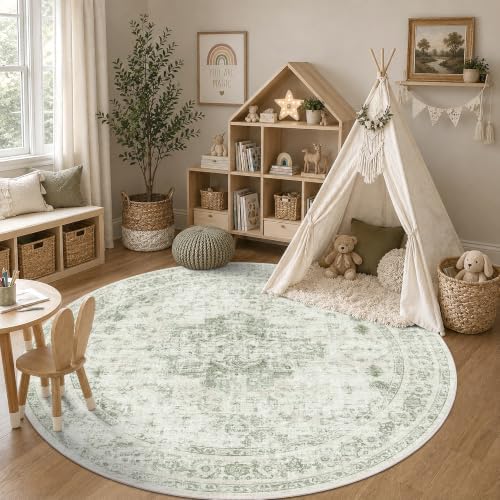 8ft Round Washable Living Room Rug Soft Medallion Green Throw Carpet - Image 3