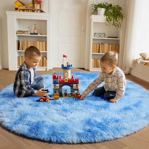 Tie-Dye Blue Fluffy Round Rug Circle Area Rugs 4ft for Boys Kids Bedroom - Image 3