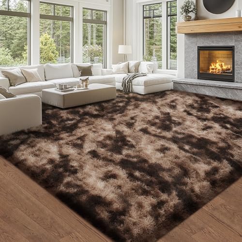 10x12 Tie-Dyed Brown Living Room Rug - Shag Modern Luxury Carpet - Image 2