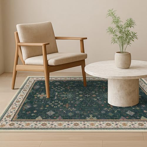 Hazo Haus Dark Green 4x6 Living Room Rug - Modern Vintage Boho Floral Forest, Washable Low Pile Non-Slip Area Rugs for Door Mat Entrance, Mudroom, Kitchen, Bedroom Beside Bed, Office by HazoHaus