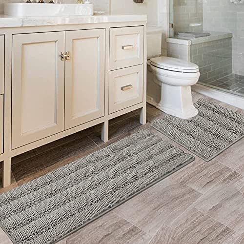 H.VERSAILTEX Bathroom Rugs Bath Rug Set 2 Piece Bathroom Contour Rug Toilet Mat Sets Non Slip Contour Bath Rug Ultra Thick Water Absorbent Striped Bath Mats Washable(47" x 17" Plus 20" x 20" U, Dove) by HVERSAILTEX