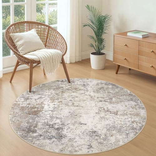 UERMEI 4ft Round Area Rug Living Room Rugs - 4x4 Washable Neutral Modern Abstract Soft Thin Rug Indoor Floor No Slip Rug Carpet for Bedroom Under Dining Table Home Office Decor - Brown Grey - Image 5