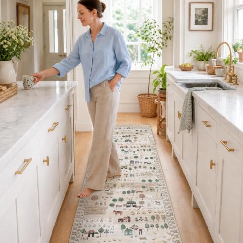 Machine Washable Runner Rug 2x6 Ft, Whimsical Rug, Vintage Farmhouse Beige - Image 3