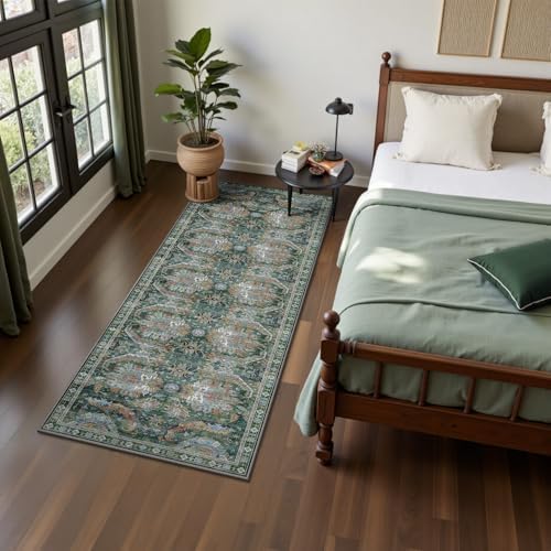 2x6 Hallway Runner Rug, Washable Vintage Retro Long Runner Rugs for Kitchen Laundry, Soft Ultra Thin Non Slip Low Pile Traditional Area Carpet for Bedroom Bathroom Indoor, Green - Image 4