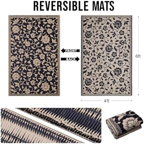 OLANLY Outdoor Rug 4x6 ft Waterproof Reversible Floral Mat, Black & Beige - Image 2