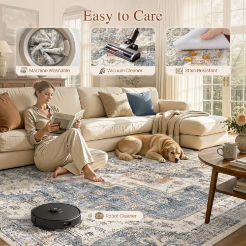 UERMEI 7x9 Area Rug for Living Room Washable Vintage Non Slip Blue Carpet - Image 5