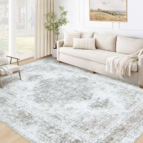 XLUEZ Area Rug 5x7 Living Room Rug, Machine Washable Vintage Distressed Medallion Rug Non-Slip Soft Low Pile Large Indoor Rugs for Bedroom Kitchen Dining Room Office(Taupe,5'x7') by XLUEZ