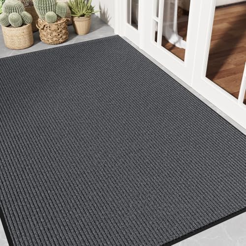 Front Door Mat 4' x 6', Heavy Duty Door Mat Outside Entrance, Non-Slip Welcome Mat Indoor Outdoor, Absorbent & Resist Dirt Entry Mat, Low Profile Commercial Door Mats Outdoor, Grey 1-Pack by EZ2LIVE