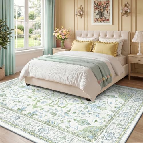 RELEANY Washable Area Rug, 6'x9', Green/White/Blue - Image 2