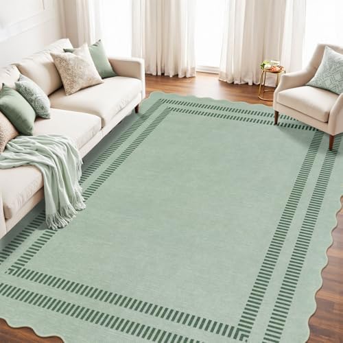 Washable 8x10 Rugs for Living Room Bedroom, Non-Slip Sage Green Indoor Carpet for Dining Room Office, Ultra Thin Scalloped Soft Carpets for Kids Nursery Playroom - Image 3