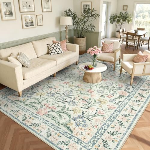 Wonnitar Boho Washable Rug 8x10, Large Area Rug for Living Room, Soft Floral Carpet for Bedroom Non Slip, 8 x 10 Indoor Beige Carpets for Nursery Dining Room Apartment Office Decor by Wonnitar