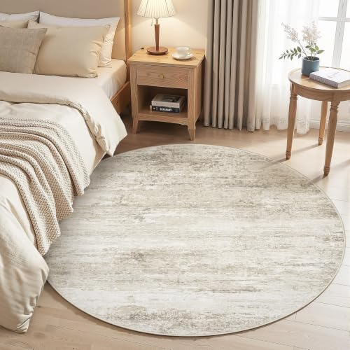 Washable Round Rug 4ft for Bedroom: Circle Neutral Soft Rug Abstract Non Slip Low Pile Modern Area Rugs for Living Room Nursery Office Dining Kids Boys Girls Room Farmhouse Dorm (Beige, 4' Round) - Image 2