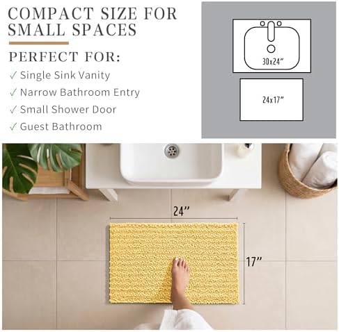 Yimobra Bathroom Rugs Non Slip Washable - Ultra Soft Absorbent Chenille Bath Mat, Quick Dry Shaggy Floor Carpet for Tub Shower, Yellow Home Decor Accessories, 24x17 Inch - Image 2