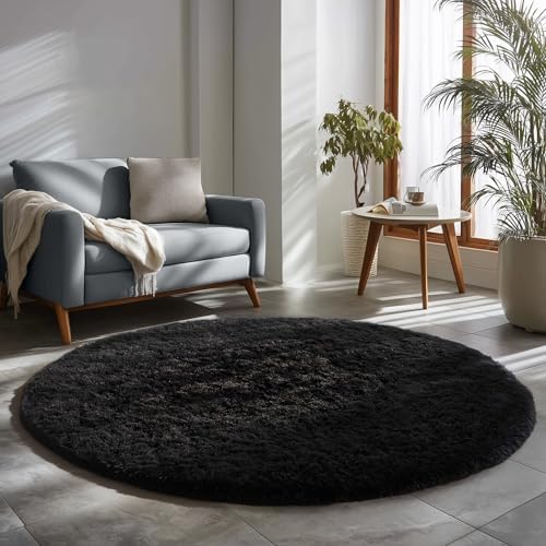 Amdrebio Black Fluffy Big Round Rug 6Ft for Men Bedroom Living Room Office - Image 5