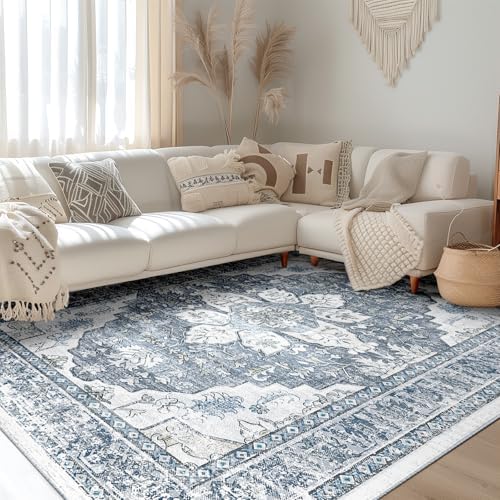 BESTSWEETIE Washable Boho 9x12 Area Rug for Living Room, Blue Grey White by BESTSWEETIE